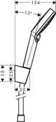 Brausehalter mit passendem Schlauch, ausgeführt in Weiß und Chrom. Der Halter ist in einem bestimmten Winkel angeordnet und zeigt verschiedene Maße im technischen Design.
